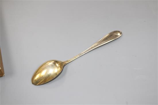 A cased set of early 20th century German parcel gilt 800 white metal coffee spoons, by Carl Weishaupt, in original box, 69 grams